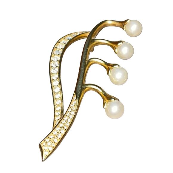 Swarovski Crystal Faux Pearl Brooch Pin Gold Tone Lily of the Valley Signed Swan - Picture 1 of 13